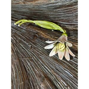 Vintage Pink and Green Enamel Flower Brooch with Stem